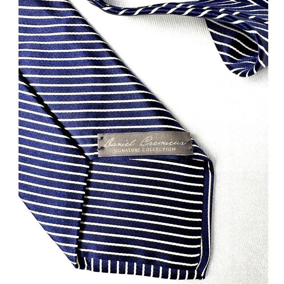DANIEL CREMIEUX Silk Seven Fold Navy & White Stripe Men's Repp Tie Made In Italy - Picture 10 of 15